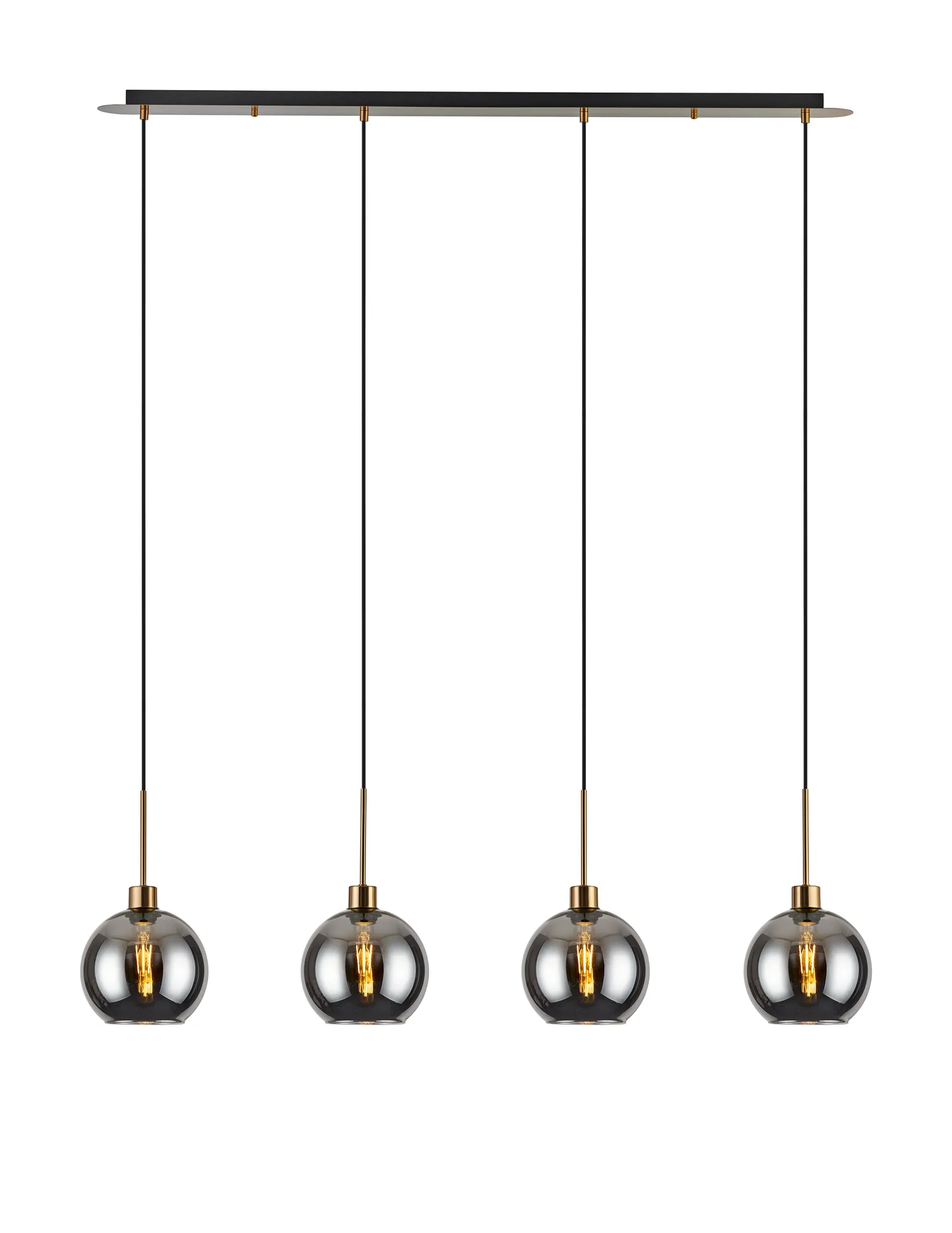 DK1227  Lori Linear Pendant, 4 Light Adjustable E27, Antique Gold/Smoke Open Mouth Round Globe Shades
